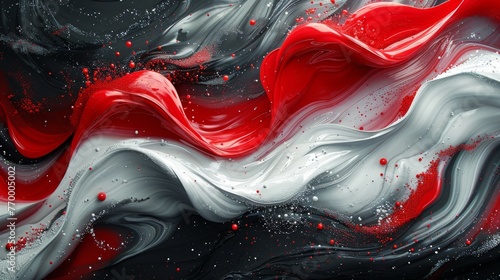 A wave of red and white fluid colors on a black grainy background, with noise texture abstract design on a large banner, and a copy space for the writing