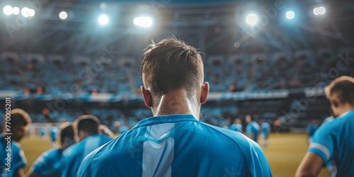 Disheartened soccer players in blue jerseys after losing a match showing sadness and disappointment in a stadium. Concept Sports, Soccer, Disappointment, Team Loss, Stadium