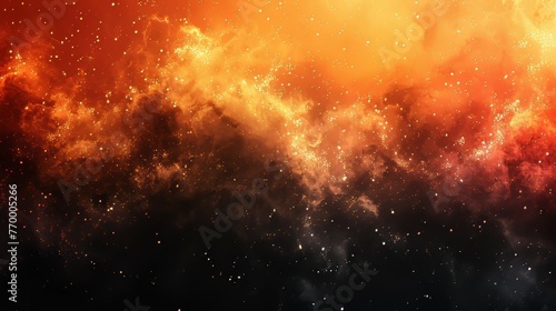 Grainy dark gradient background with red orange white vibrant abstract spots on black, noise texture effect. © Diana