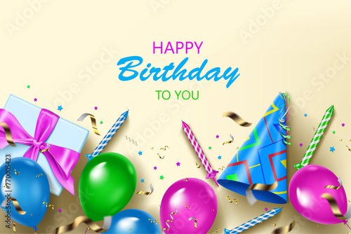 Elegant balloons,gift box,party hat,birthday candles and Happy Birthday celebration card background top view template, vector illustration birthday event design element.