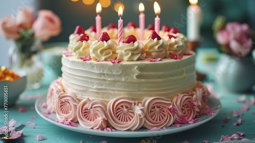   A birthday cake with white frosting and pink icing adorned with pink flowers and lit candles