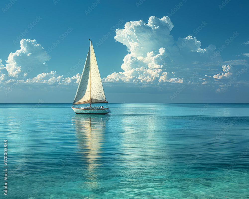 A lone sailboat with white sails gliding across a calm turquoise ocean, with a clear blue sky and fluffy white clouds overhead Studio lighting can be used to add a touch of drama o