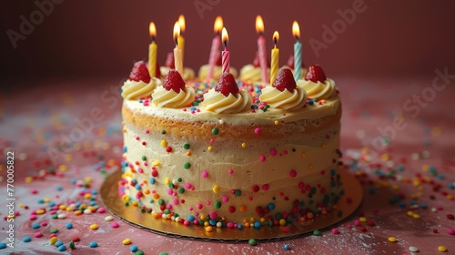   A birthday cake with white frosting and colorful sprinkles on a pink table