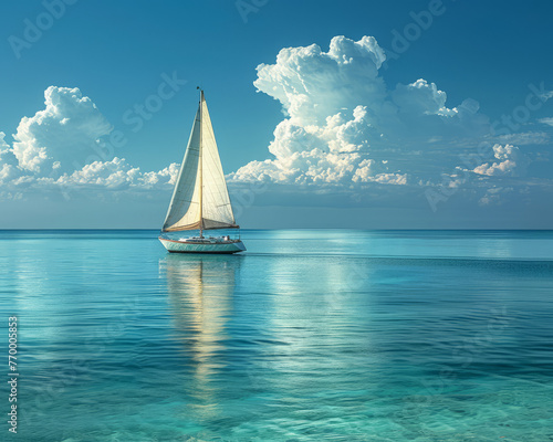 A lone sailboat with white sails gliding across a calm turquoise ocean, with a clear blue sky and fluffy white clouds overhead Studio lighting can be used to add a touch of drama o