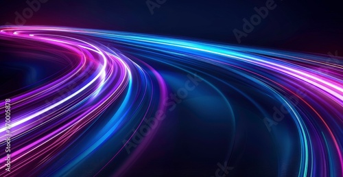 Concept of leading in business, speed glowing line background, blue purple glow trail on dark backdrop for advertising design template