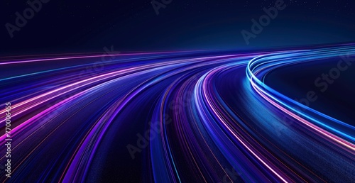 Concept of leading in business, speed glowing line background, blue purple glow trail on dark backdrop for advertising design template