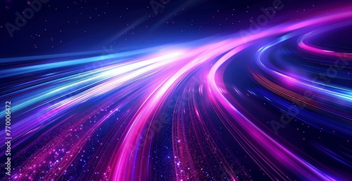 Concept of leading in business, speed glowing line background, blue purple glow trail on dark backdrop for advertising design template
