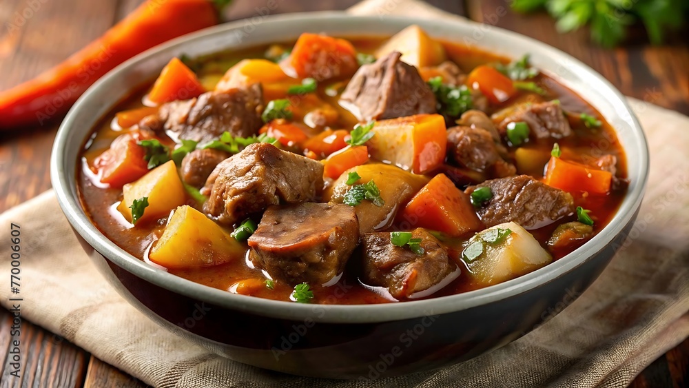Generative ai. a close up of a bowl of stew with carrots and potatoes, stew, soup Generative ai. a close up of a bowl of stew with carrots and potatoes, stew, soup