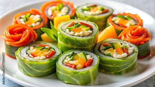 Generative ai. a close up of a plate of sushi rolls with carrots and cucumber