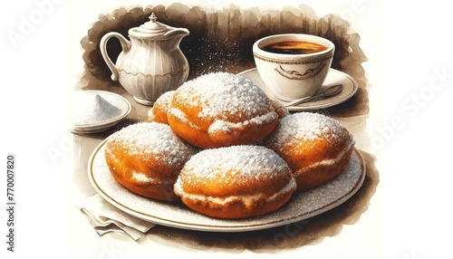 An artistic watercolor painting of Beignets, illustrating the dessert's warm, fluffy texture and golden-brown exterior, dusted with powdered sugar, set in a cozy café ambiance.