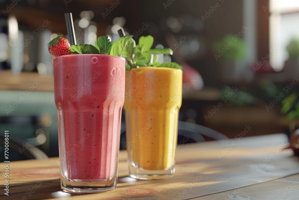 A close-up view of a wooden table with vibrant smoothies placed on top, showcasing the intricate texture of the table surface. A close-up view of a wooden table with vibrant smoothies placed on top, showcasing the intricate texture of the table surface.