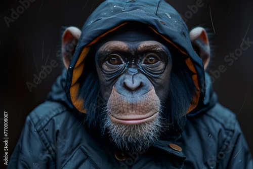 Stylish Primate In Raincoat Posing Under Drizzle - Animal Fashion Banner