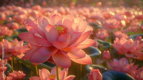  A pink flower blooms amidst water lilies, basking under the sunlight