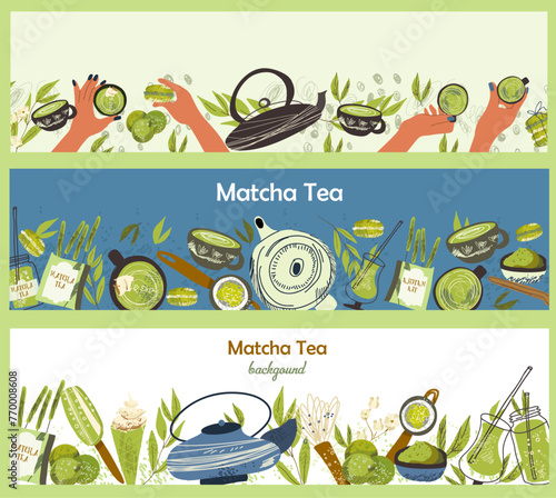 Web banner templates set, collection with matcha food and drinks border. Backdrop with green organic Japanese powder, natural leaves, tea, coffee, ice-cream, and whisk. Flat vector hand drawn.