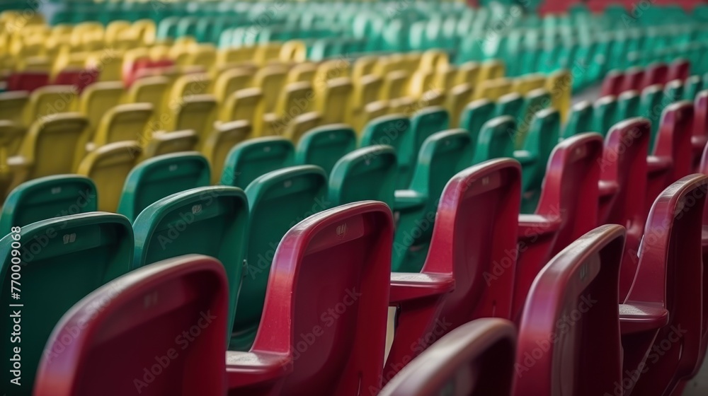 Fototapeta premium Stadiums amphitheater empty plastic seats in the stadium. Many empty seats for spectators in the stands for football fans and other outdoor sports.