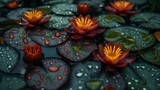   A cluster of water lilies bobbing atop a verdant pond speckled with rain-drenched foliage