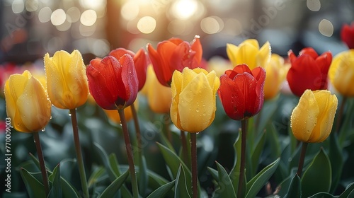  A cluster of red and yellow tulips dotted with droplets of water against a fuzzy backdrop