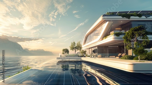 Futuristic Smart Home with Solar Panel System for Renewable Energy. House, Clean, Power, Alternative, Susttainable, Eco, Sun, Electric, Electricity, Environment, Ecology, Battery 