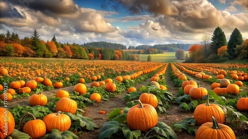 Generative ai. a close up of a field of pumpkins with mountains in the background  pumpkin farm background