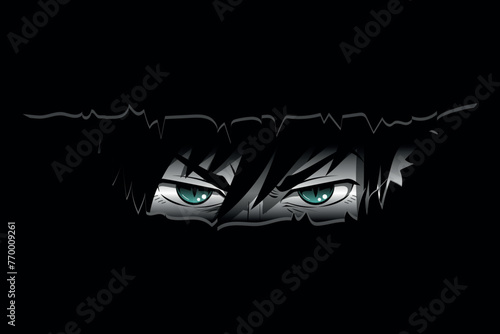 Anime boy eyes. Evil face young man anime style. Manga character men. Green eyes vector illustration