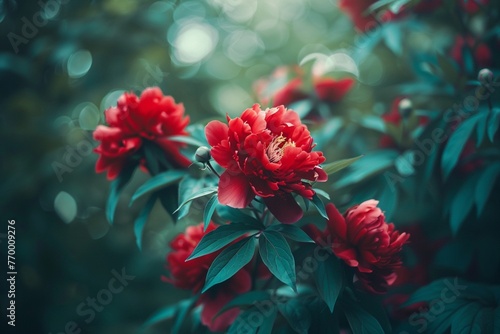  Beautiful large purple pink peony flowers on a bush in the garden close-up with soft focus. Bright colorful artistic image, vintage shades. 