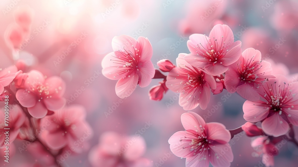 Close-up image of pink flowers on a branch with water droplets on the petals and blurry background Close-up image of pink flowers on a branch with water droplets on the petals and blurry background