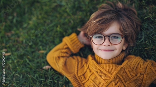Young Boy With Glasses Laying on Grass