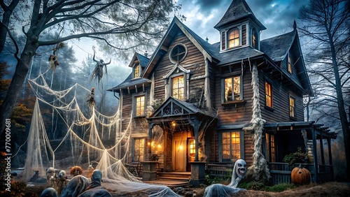 Generative ai. a large house with a lot of halloween decorations on the front, gothic mansion