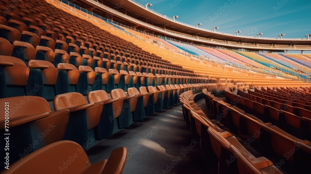 Stadiums amphitheater empty plastic seats in the stadium. Many empty