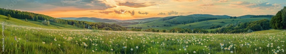 Grassy Field With Mountains Painting