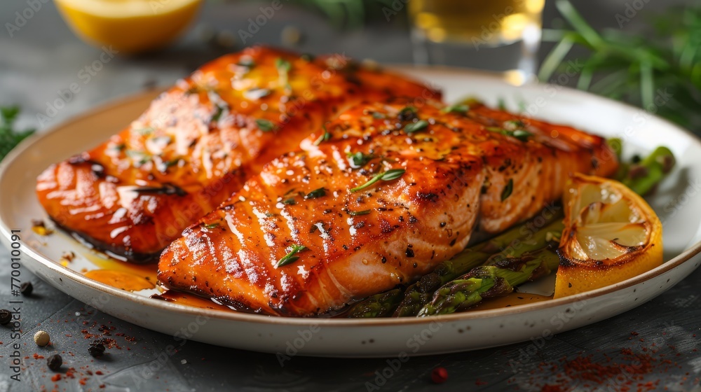 A platter of salmon and asparagus, accompanied by a glass of wine on each side in the foreground A platter of salmon and asparagus, accompanied by a glass of wine on each side in the foreground