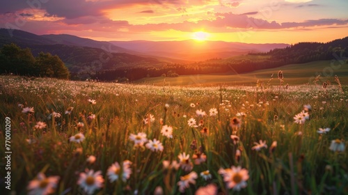 Sun Setting Over Field of Daisies photo