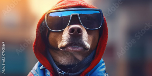 Cool Dog in Sunglasses and Hoodie Poses for a Fun Fashion Banner