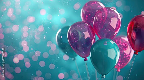 colorful balloons on a blue background, in the style of light magenta and dark cyan, glittery and shiny, bokeh, daz3d, dark teal and light red, richly detailed backgrounds, happenings photo