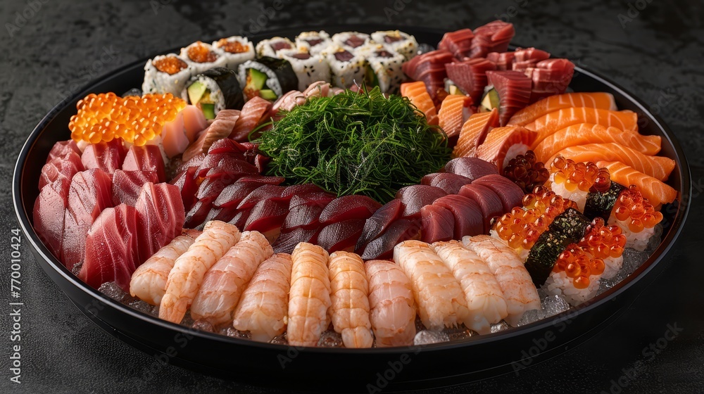 A platter of varied sushi and sashimi served on a black dish, against a black tablecloth A platter of varied sushi and sashimi served on a black dish, against a black tablecloth