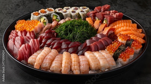  A platter of varied sushi and sashimi served on a black dish, against a black tablecloth
