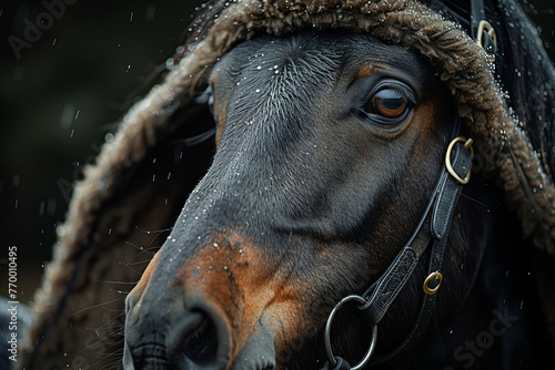 Majestic Horse Portrait in Rain with Traditional Headgear Banner photo