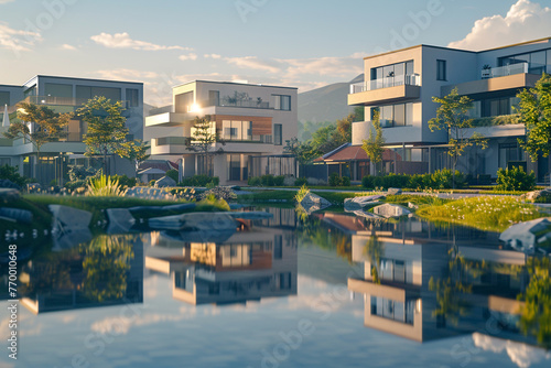 A crisp morning view of modern houses reflecting early sunlight in a landscaped neighborhood. / photo
