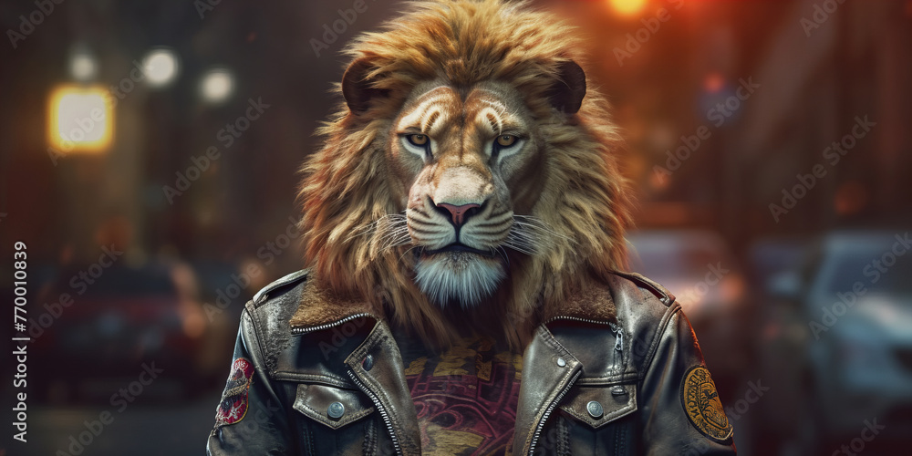 Urban Jungle King: Majestic Lion Wearing Leather Jacket Banner