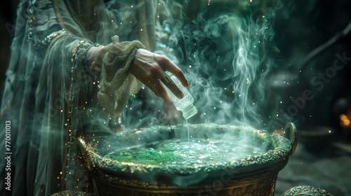  Witch making potion, female hands adds liquid in to boiling cauldron making potion. Walpurgis night 30th April. Witch in scary Halloween laboratory making wizard green potion on dark color background