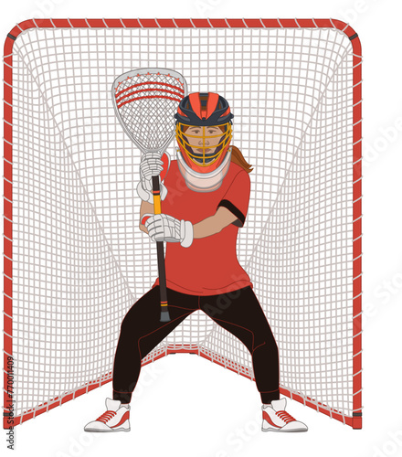 lacrosse, female goalkeeper holding lacrosse stick, standing in front of net isolated on a white background