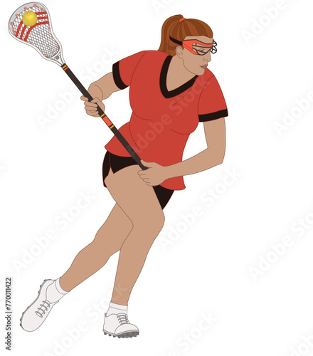 lacrosse, female player running with the ball in her lacrosse stick, isolated on a white background