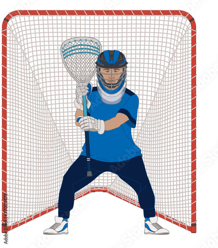 lacrosse, male goalkeeper holding lacrosse stick, standing in front of net isolated on a white background