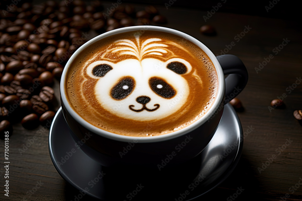 Cup of coffee with latte art, milk foam panda bear illustration. Cozy atmosphere. Cup of handcrafted cappuccino on wooden table for coffee lovers. Cup of coffee with latte art, milk foam panda bear illustration. Cozy atmosphere. Cup of handcrafted cappuccino on wooden table for coffee lovers.
