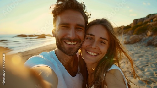 Smiling Couple Enjoying Sunset on a Sandy Beach. Casual and Relaxed, Perfect for Lifestyle Blogs and Travel Sites. Captivating Scenery, Memorable Moments Captured. AI © Irina Ukrainets