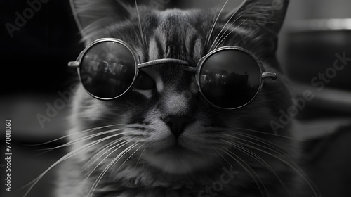 a cat with sunglasses and hair all over it