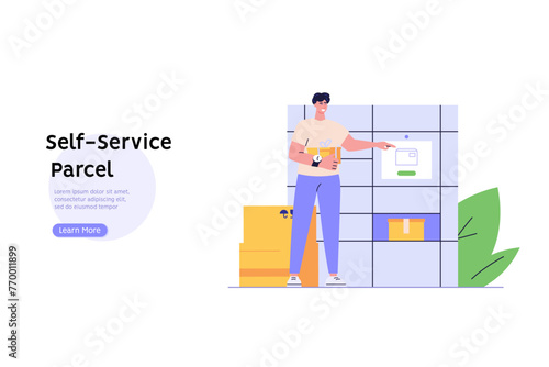 Customer use self-service post terminal. Man with parcel opening locker or storage. Concept of automated service parcel, post delivery service. Self-service for online purchase. Vector illustration