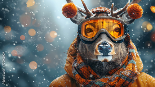  A deer with goggles and two scarves around its neck