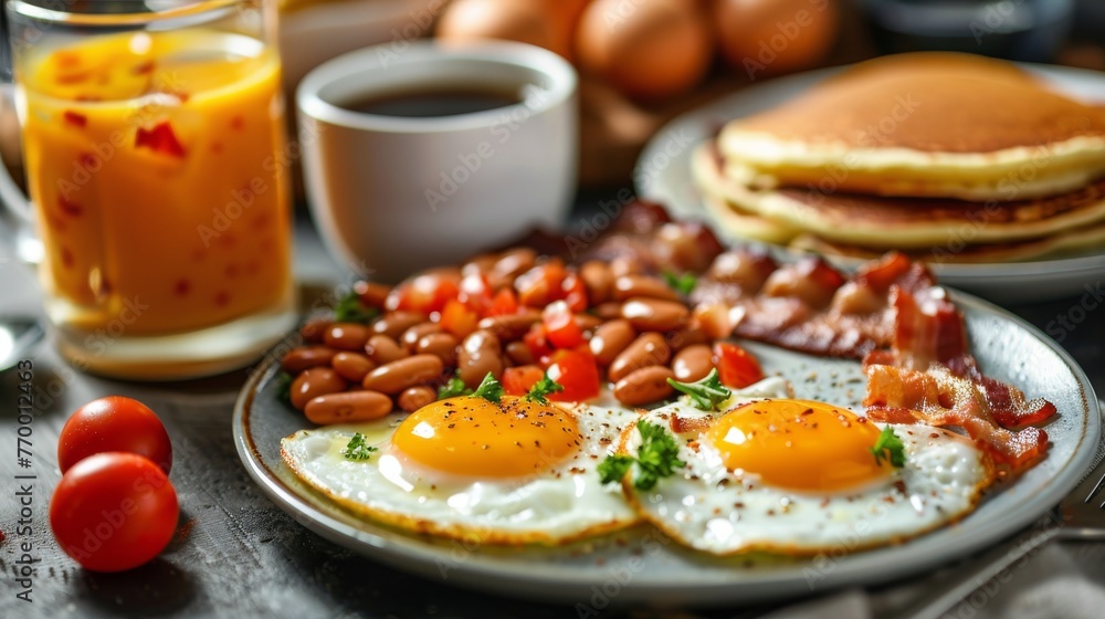 Plate of Breakfast Food With Eggs, Bacon, and Pancakes Plate of Breakfast Food With Eggs, Bacon, and Pancakes