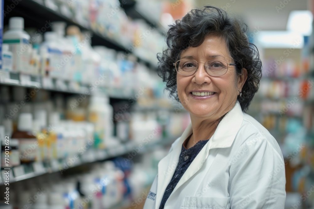 Smiling portrait of a middle aged female pharmacist in pharmacy